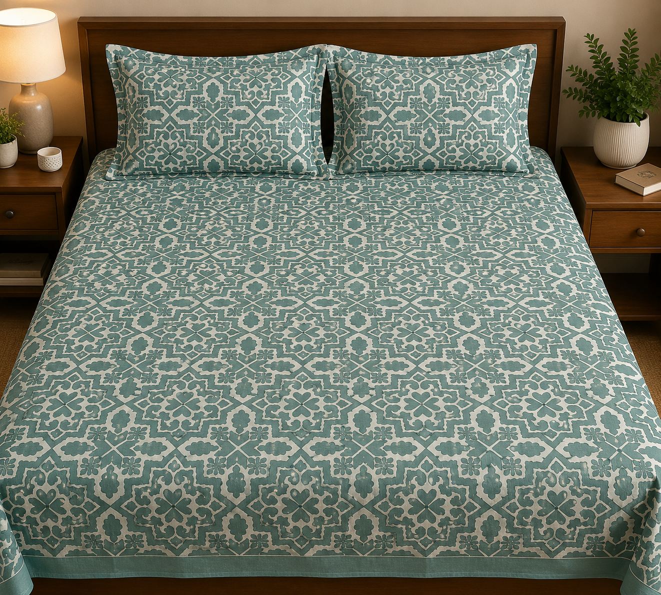 Paramphera Collection Premium 100% Cotton King Size Bedsheet with 2 Pillow Covers | Aqua Blue Heritage Geometric Print | Soft, Breathable & Skin Friendly | 100 x 108 Inches