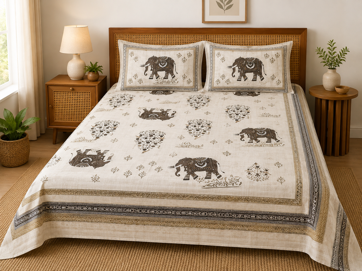 Paramphera Studio Traditional Elephant Print Bedsheet