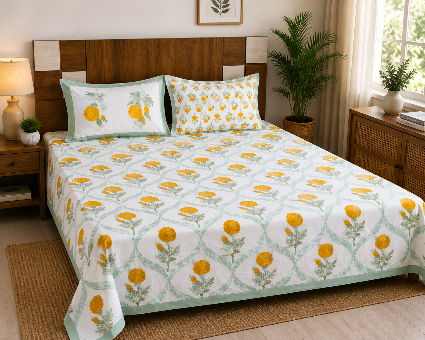 Paramphera Collection Premium 100% Cotton King Size Bedsheet with 2 Pillow Covers | Yellow Marigold Floral Print | Soft, Breathable & Skin Friendly | 100 x 108 Inches