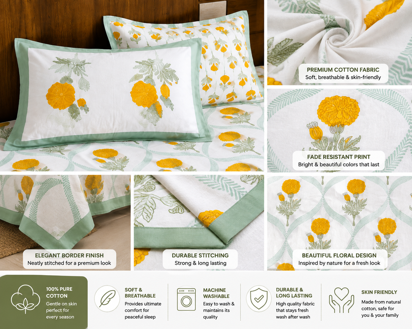 Paramphera Collection Premium 100% Cotton King Size Bedsheet with 2 Pillow Covers | Yellow Marigold Floral Print | Soft, Breathable & Skin Friendly | 100 x 108 Inches
