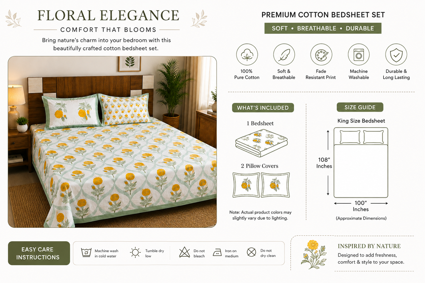 Paramphera Collection Premium 100% Cotton King Size Bedsheet with 2 Pillow Covers | Yellow Marigold Floral Print | Soft, Breathable & Skin Friendly | 100 x 108 Inches