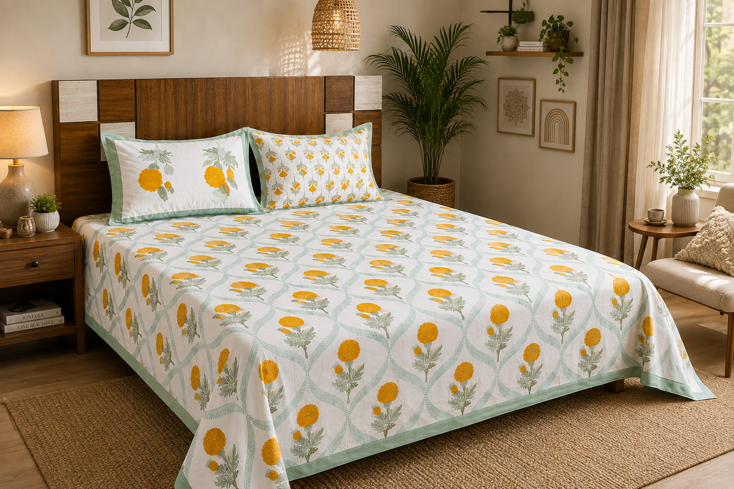 Paramphera Collection Premium 100% Cotton King Size Bedsheet with 2 Pillow Covers | Yellow Marigold Floral Print | Soft, Breathable & Skin Friendly | 100 x 108 Inches