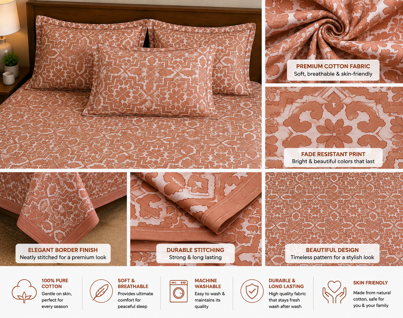 Paramphera Collection Premium 100% Cotton King Size Bedsheet with 2 Pillow Covers | Terracotta Geometric Floral Print | Soft, Breathable & Skin Friendly | 100 x 108 Inches