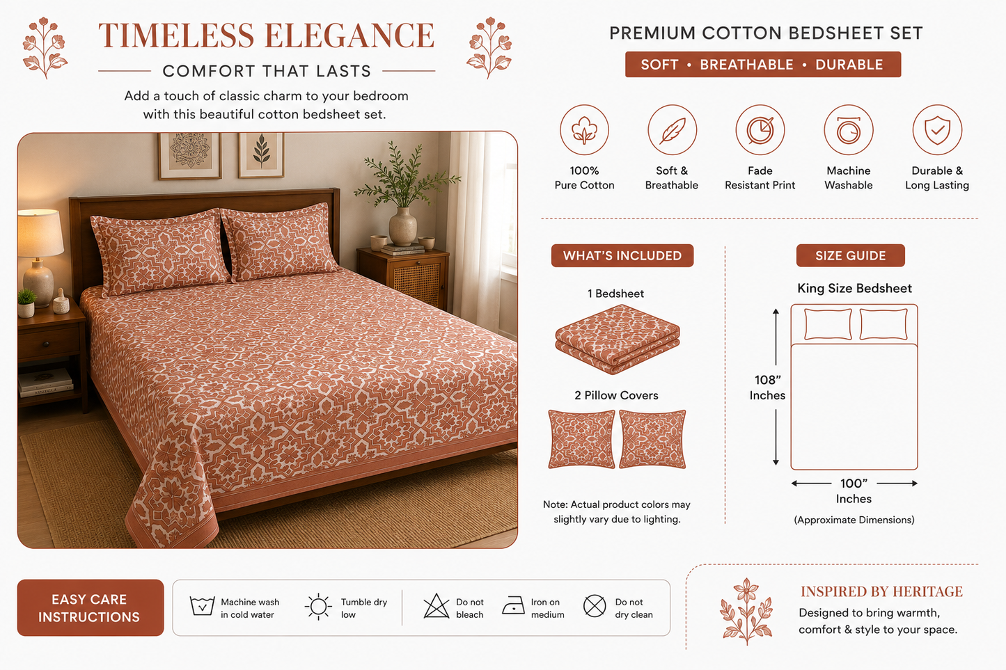 Paramphera Collection Premium 100% Cotton King Size Bedsheet with 2 Pillow Covers | Terracotta Geometric Floral Print | Soft, Breathable & Skin Friendly | 100 x 108 Inches