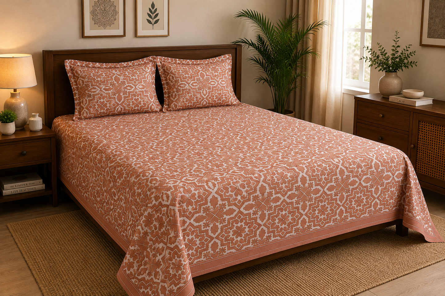 Paramphera Collection Premium 100% Cotton King Size Bedsheet with 2 Pillow Covers | Terracotta Geometric Floral Print | Soft, Breathable & Skin Friendly | 100 x 108 Inches