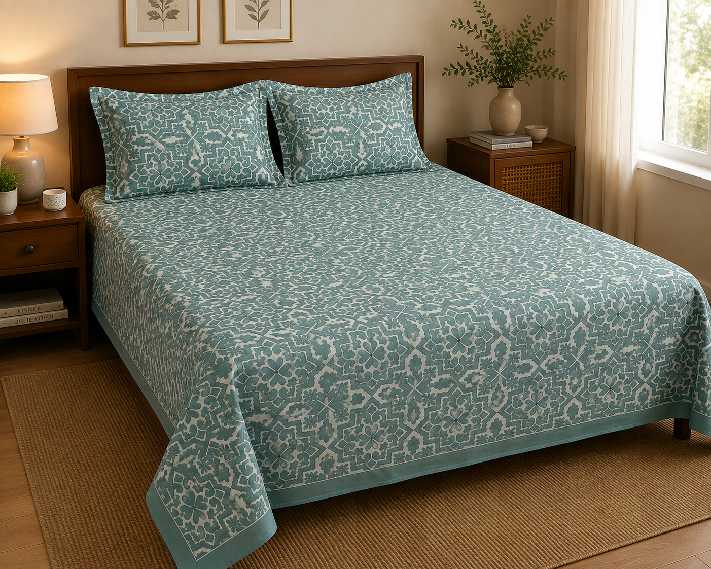 Paramphera Collection Premium 100% Cotton King Size Bedsheet with 2 Pillow Covers | Aqua Blue Heritage Geometric Print | Soft, Breathable & Skin Friendly | 100 x 108 Inches