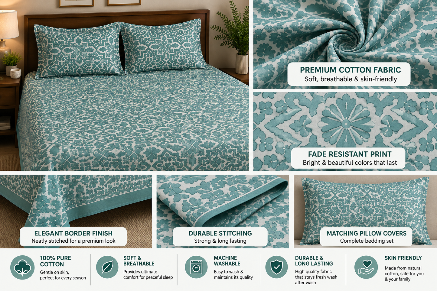 Paramphera Collection Premium 100% Cotton King Size Bedsheet with 2 Pillow Covers | Aqua Blue Heritage Geometric Print | Soft, Breathable & Skin Friendly | 100 x 108 Inches