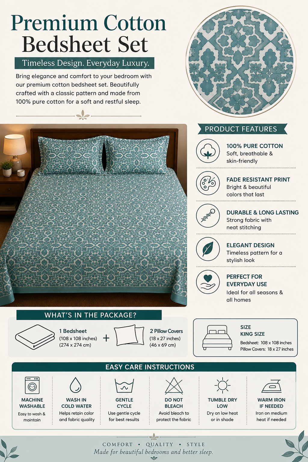 Paramphera Collection Premium 100% Cotton King Size Bedsheet with 2 Pillow Covers | Aqua Blue Heritage Geometric Print | Soft, Breathable & Skin Friendly | 100 x 108 Inches