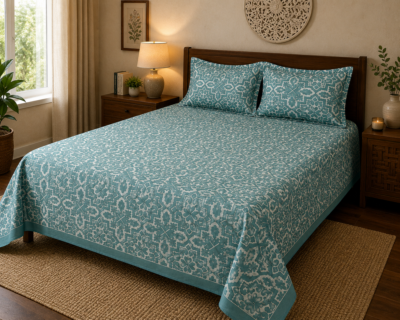 Paramphera Collection Premium 100% Cotton King Size Bedsheet with 2 Pillow Covers | Aqua Blue Heritage Geometric Print | Soft, Breathable & Skin Friendly | 100 x 108 Inches