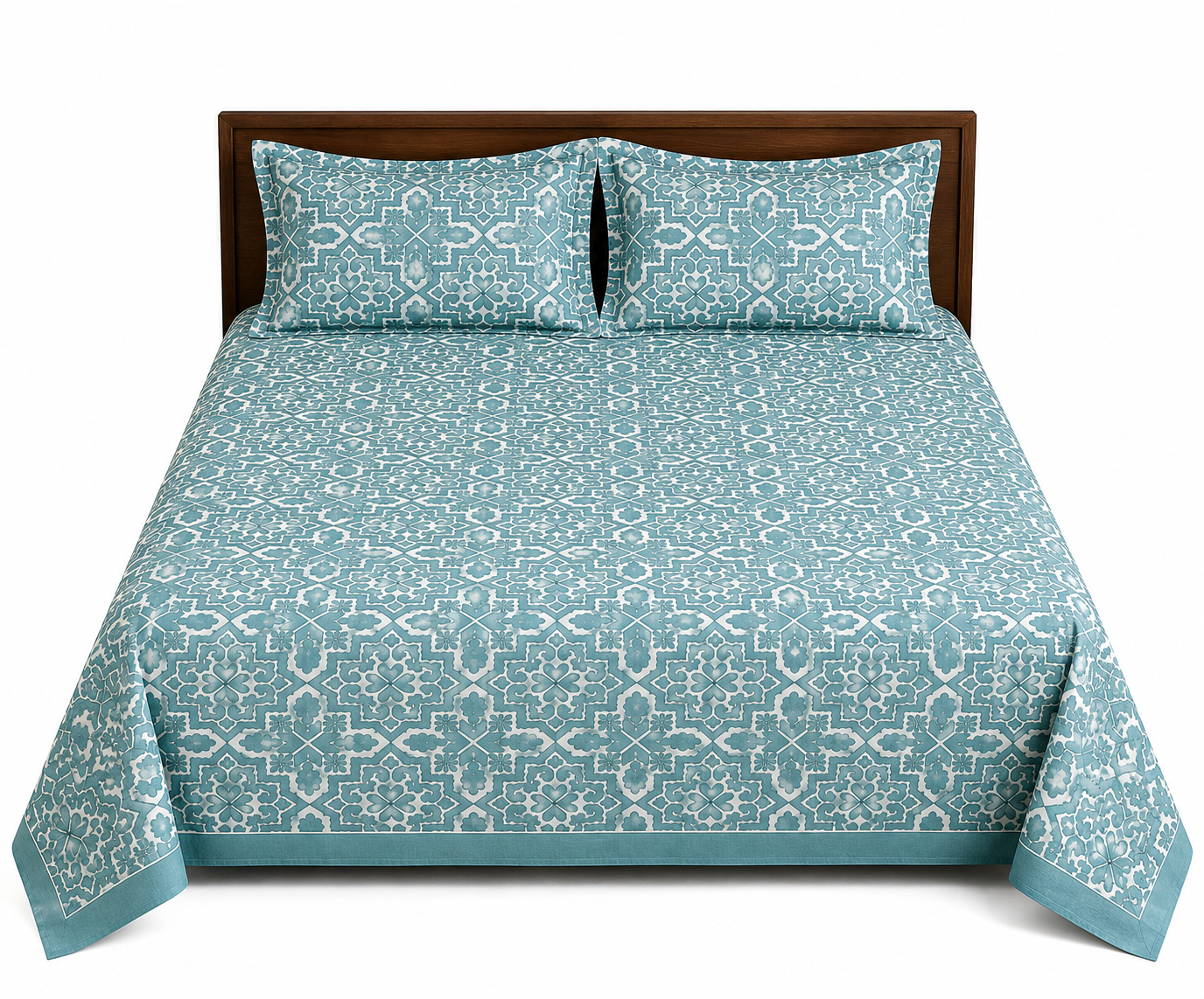 Paramphera Collection Premium 100% Cotton King Size Bedsheet with 2 Pillow Covers | Aqua Blue Heritage Geometric Print | Soft, Breathable & Skin Friendly | 100 x 108 Inches