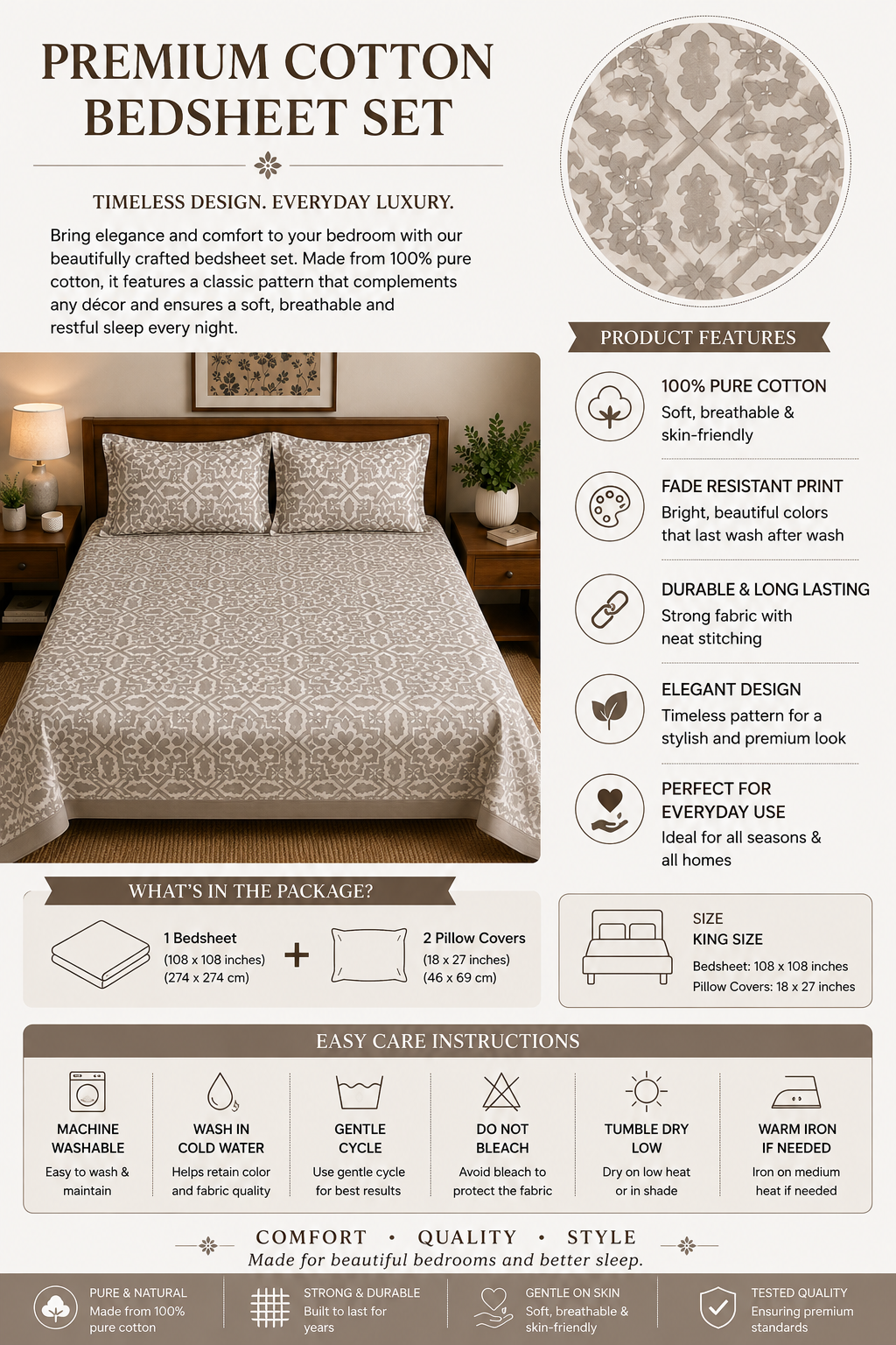 Paramphera Collection Premium 100% Cotton King Size Bedsheet with 2 Pillow Covers | Beige Heritage Geometric Print | Soft, Breathable & Skin Friendly | 100 x 108 Inches