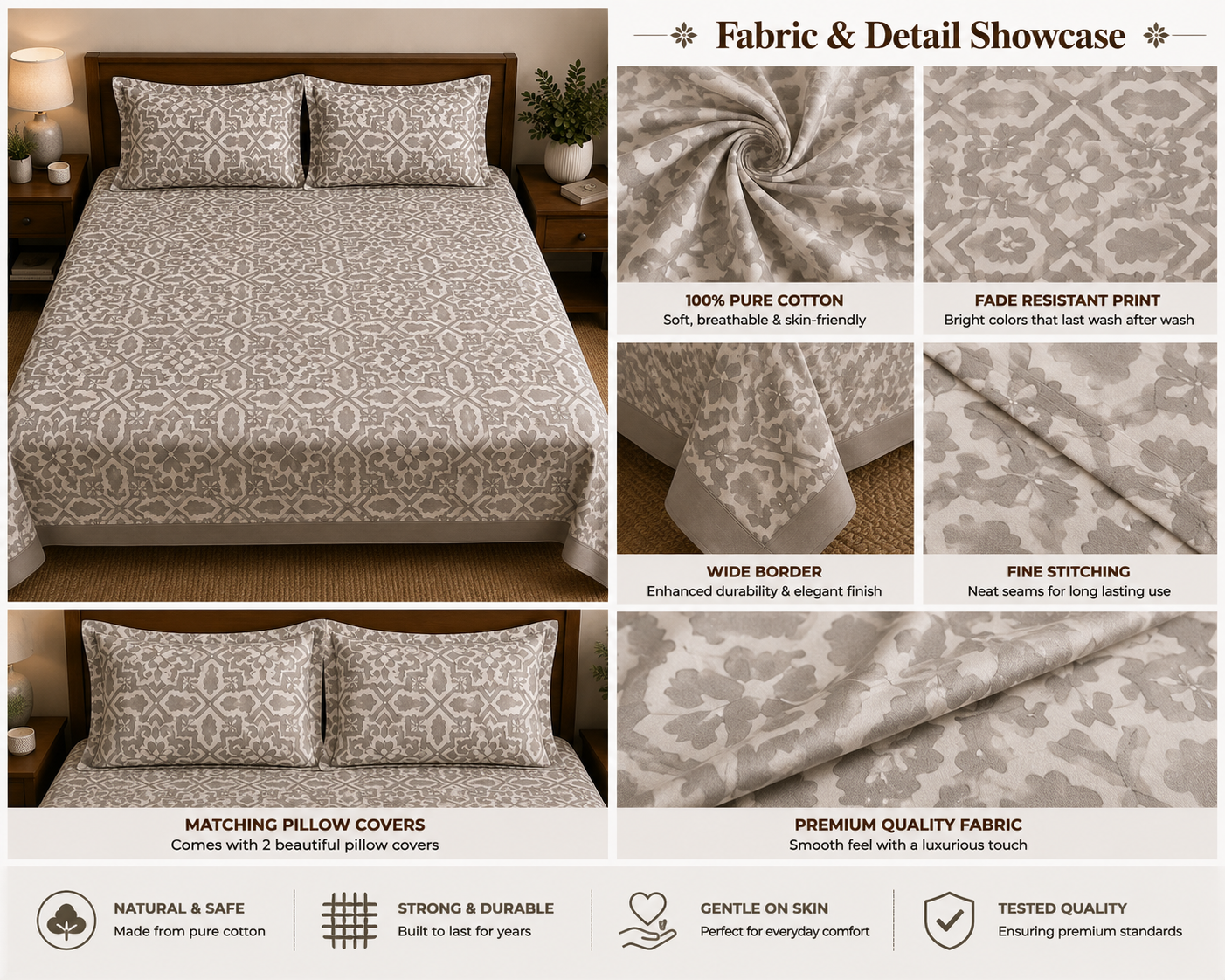 Paramphera Collection Premium 100% Cotton King Size Bedsheet with 2 Pillow Covers | Beige Heritage Geometric Print | Soft, Breathable & Skin Friendly | 100 x 108 Inches