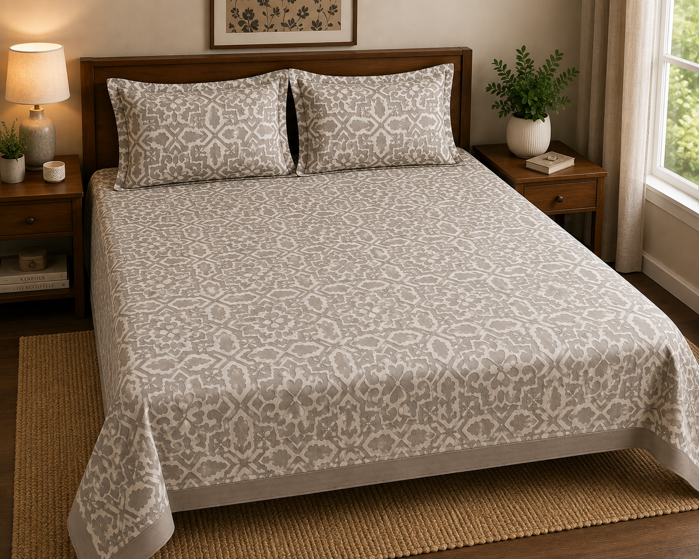 Paramphera Collection Premium 100% Cotton King Size Bedsheet with 2 Pillow Covers | Beige Heritage Geometric Print | Soft, Breathable & Skin Friendly | 100 x 108 Inches