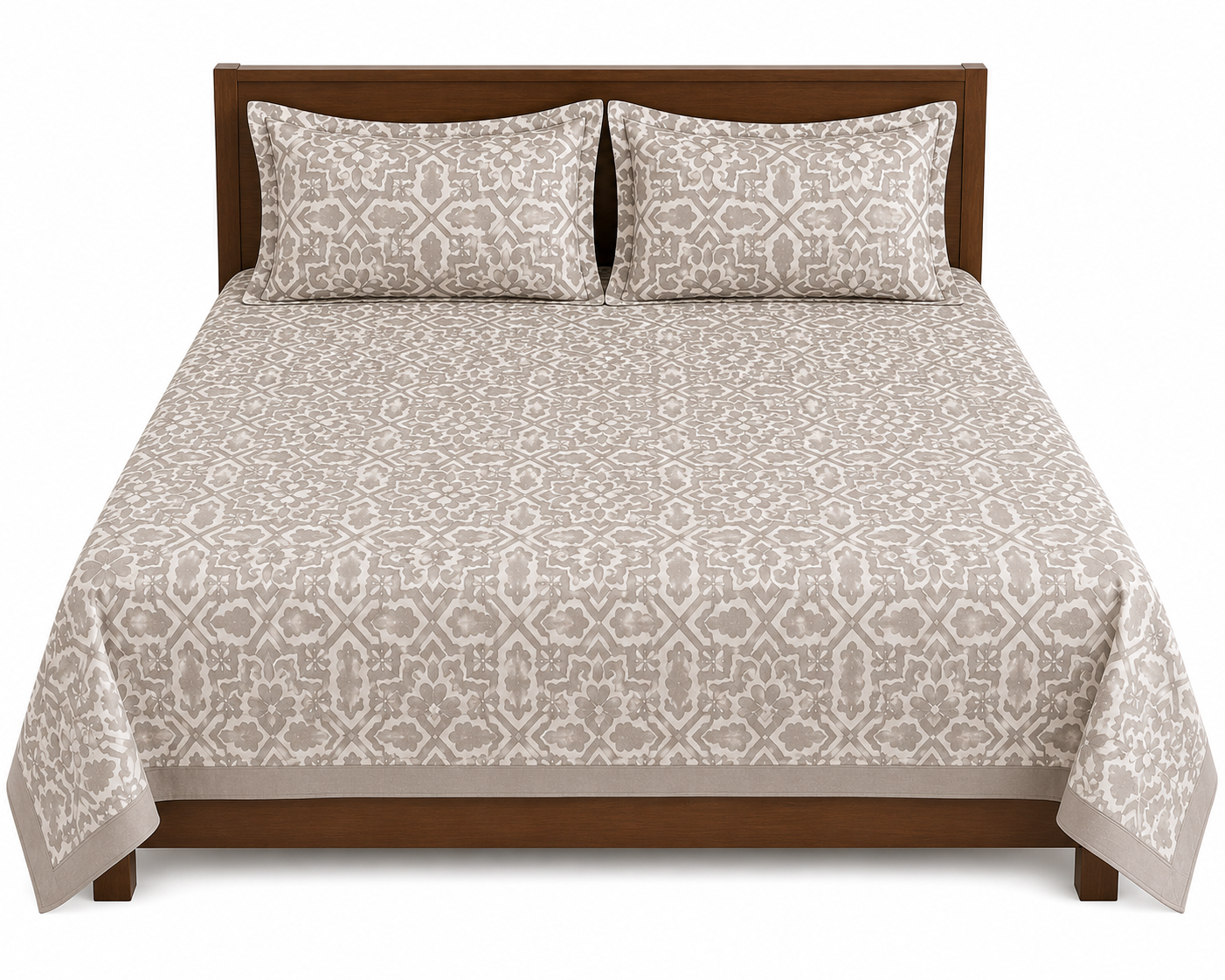 Paramphera Collection Premium 100% Cotton King Size Bedsheet with 2 Pillow Covers | Beige Heritage Geometric Print | Soft, Breathable & Skin Friendly | 100 x 108 Inches
