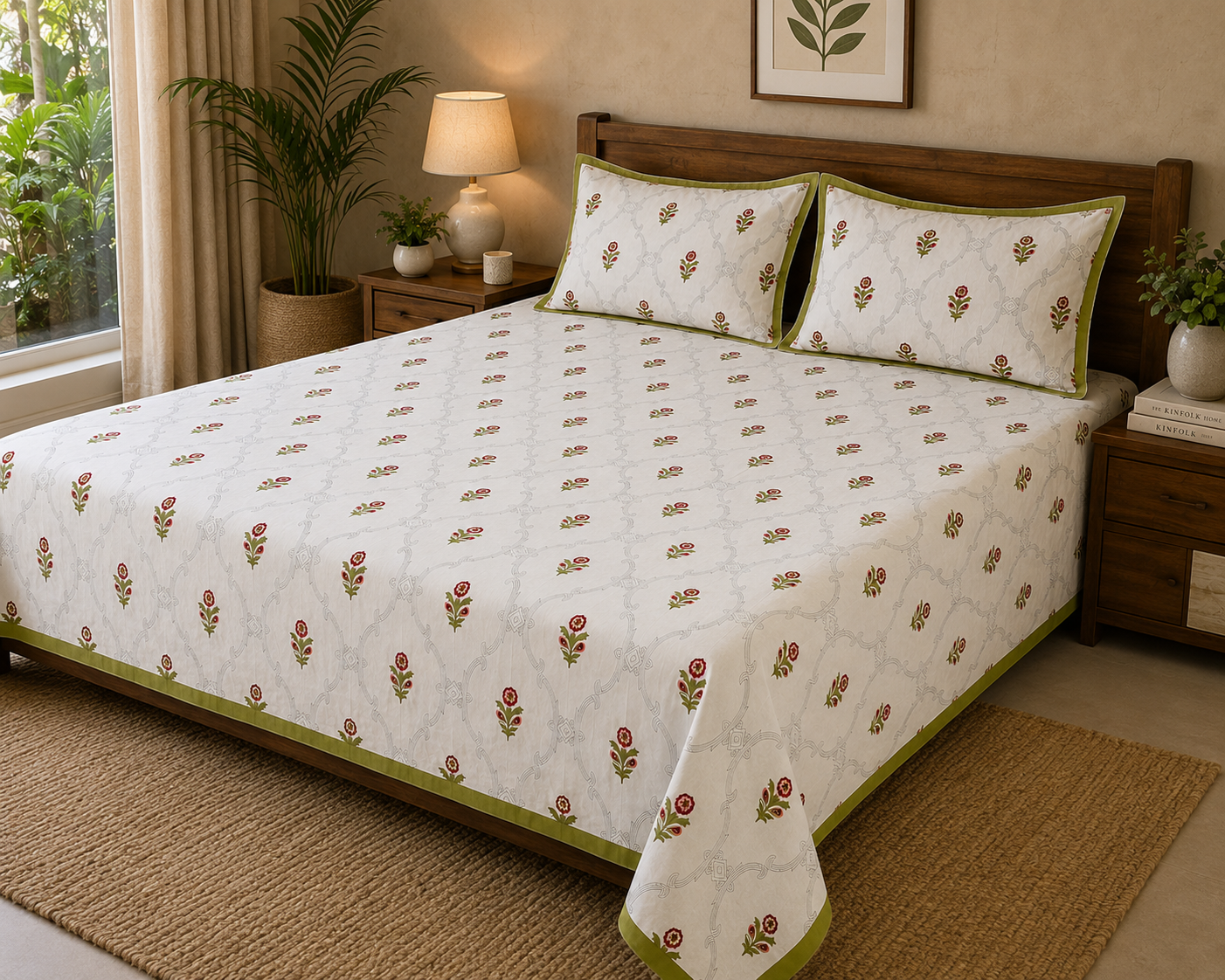 Paramphera Collection Premium 100% Cotton King Size Bedsheet with 2 Pillow Covers | White Floral Print | Soft, Breathable & Skin-Friendly | 100 x 108 Inches