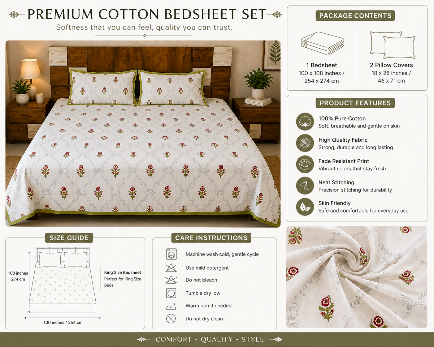 Paramphera Collection Premium 100% Cotton King Size Bedsheet with 2 Pillow Covers | White Floral Print | Soft, Breathable & Skin-Friendly | 100 x 108 Inches