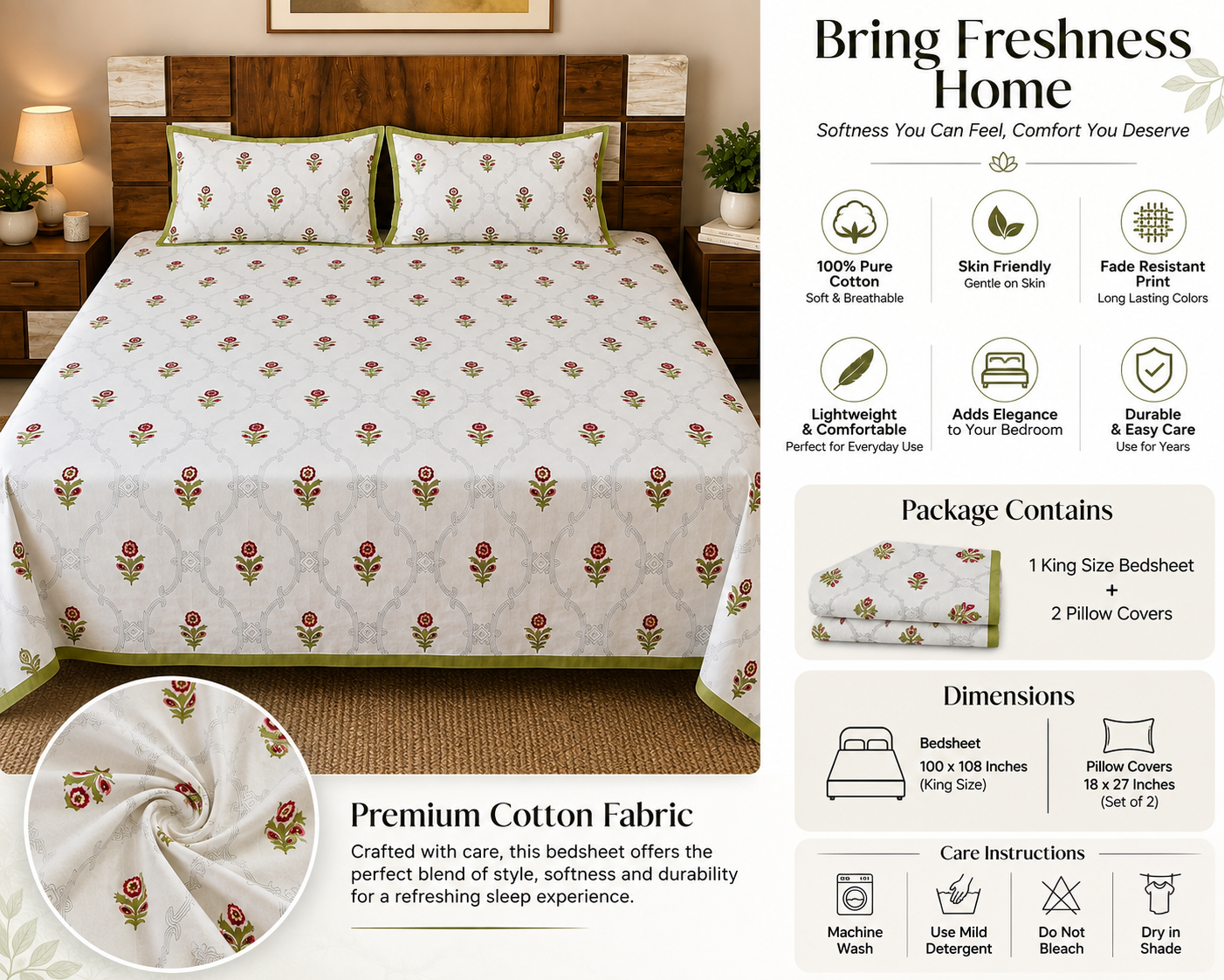 Paramphera Collection Premium 100% Cotton King Size Bedsheet with 2 Pillow Covers | White Floral Print | Soft, Breathable & Skin-Friendly | 100 x 108 Inches