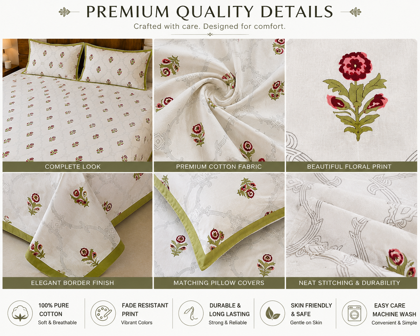 Paramphera Collection Premium 100% Cotton King Size Bedsheet with 2 Pillow Covers | White Floral Print | Soft, Breathable & Skin-Friendly | 100 x 108 Inches