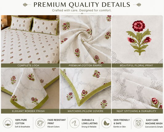 Paramphera Collection Premium 100% Cotton King Size Bedsheet with 2 Pillow Covers | White Floral Print | Soft, Breathable & Skin-Friendly | 100 x 108 Inches