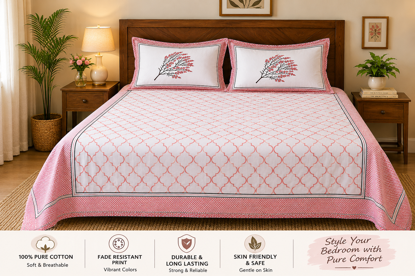 Paramphera Collection Premium 100% Cotton King Size Bedsheet with 2 Pillow Covers | White & Coral Pink Floral Print | Soft, Breathable & Skin Friendly | 100 x 108 Inches