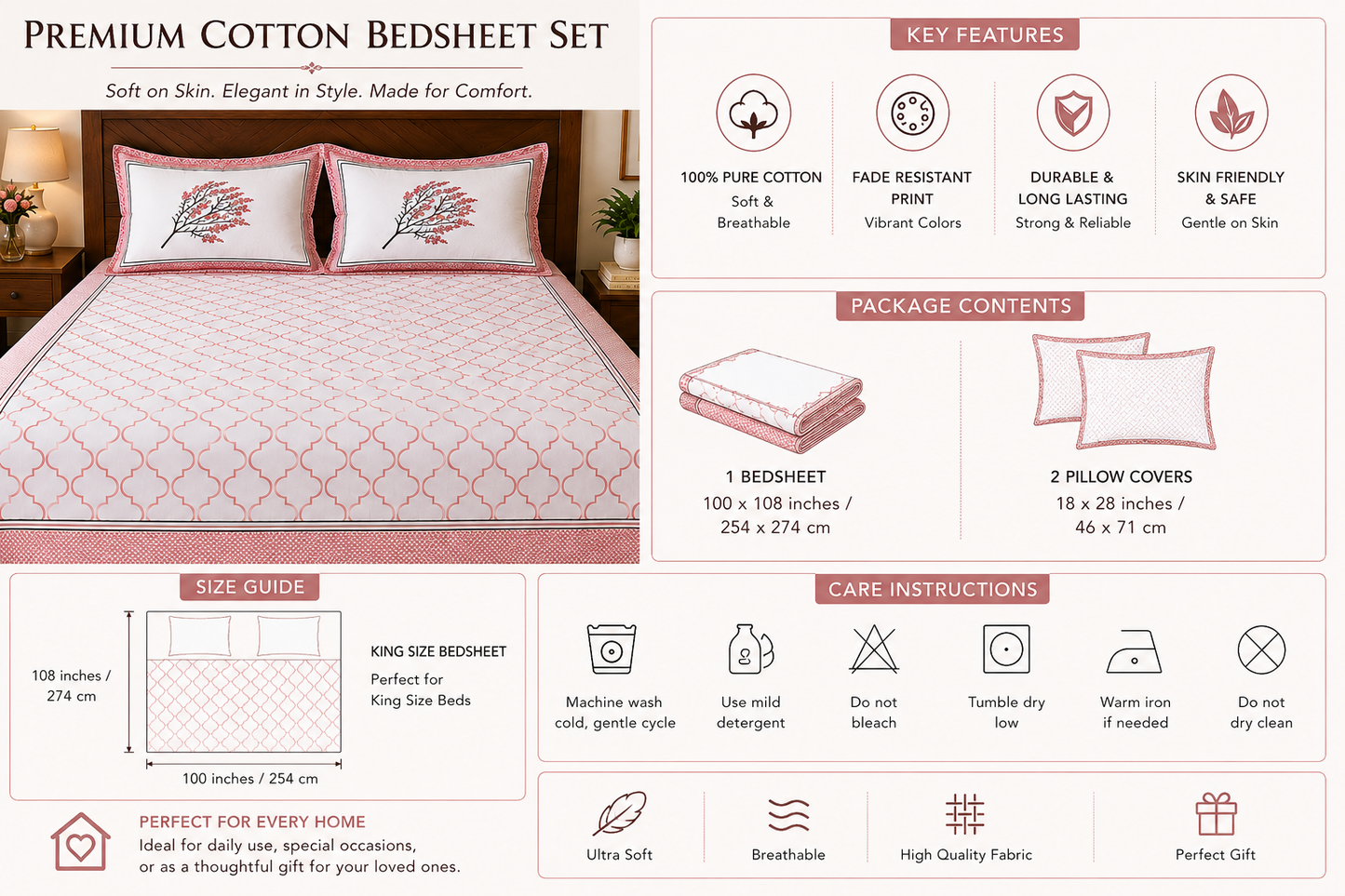 Paramphera Collection Premium 100% Cotton King Size Bedsheet with 2 Pillow Covers | White & Coral Pink Floral Print | Soft, Breathable & Skin Friendly | 100 x 108 Inches
