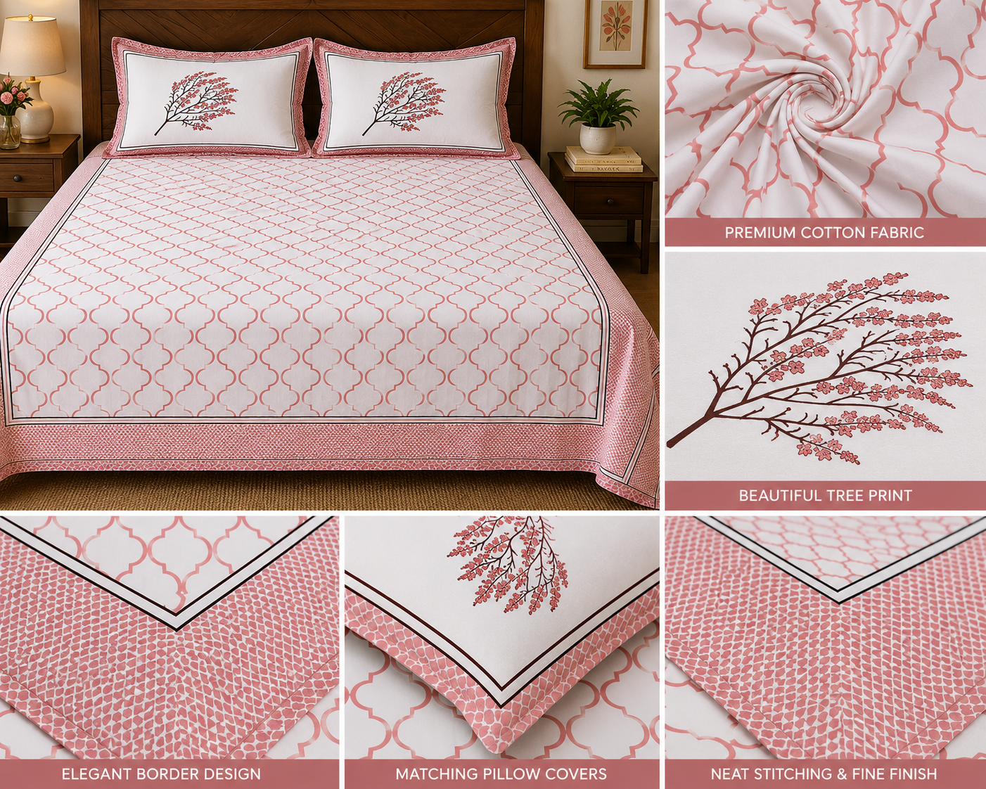 Paramphera Collection Premium 100% Cotton King Size Bedsheet with 2 Pillow Covers | White & Coral Pink Floral Print | Soft, Breathable & Skin Friendly | 100 x 108 Inches
