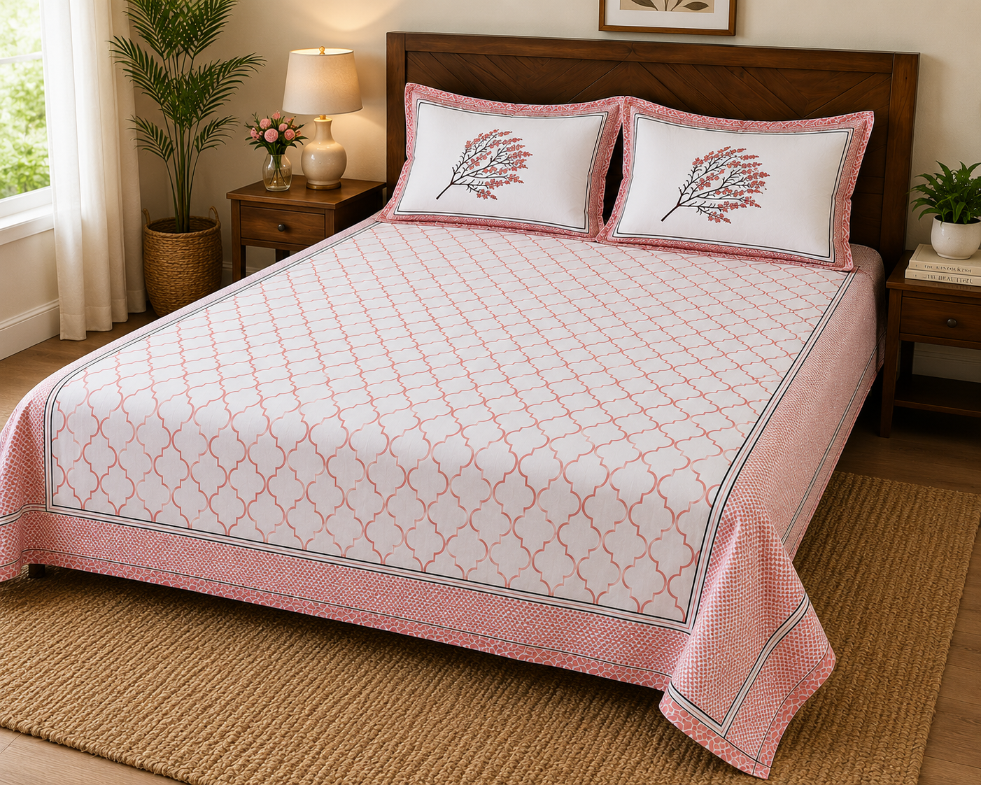 Paramphera Collection Premium 100% Cotton King Size Bedsheet with 2 Pillow Covers | White & Coral Pink Floral Print | Soft, Breathable & Skin Friendly | 100 x 108 Inches