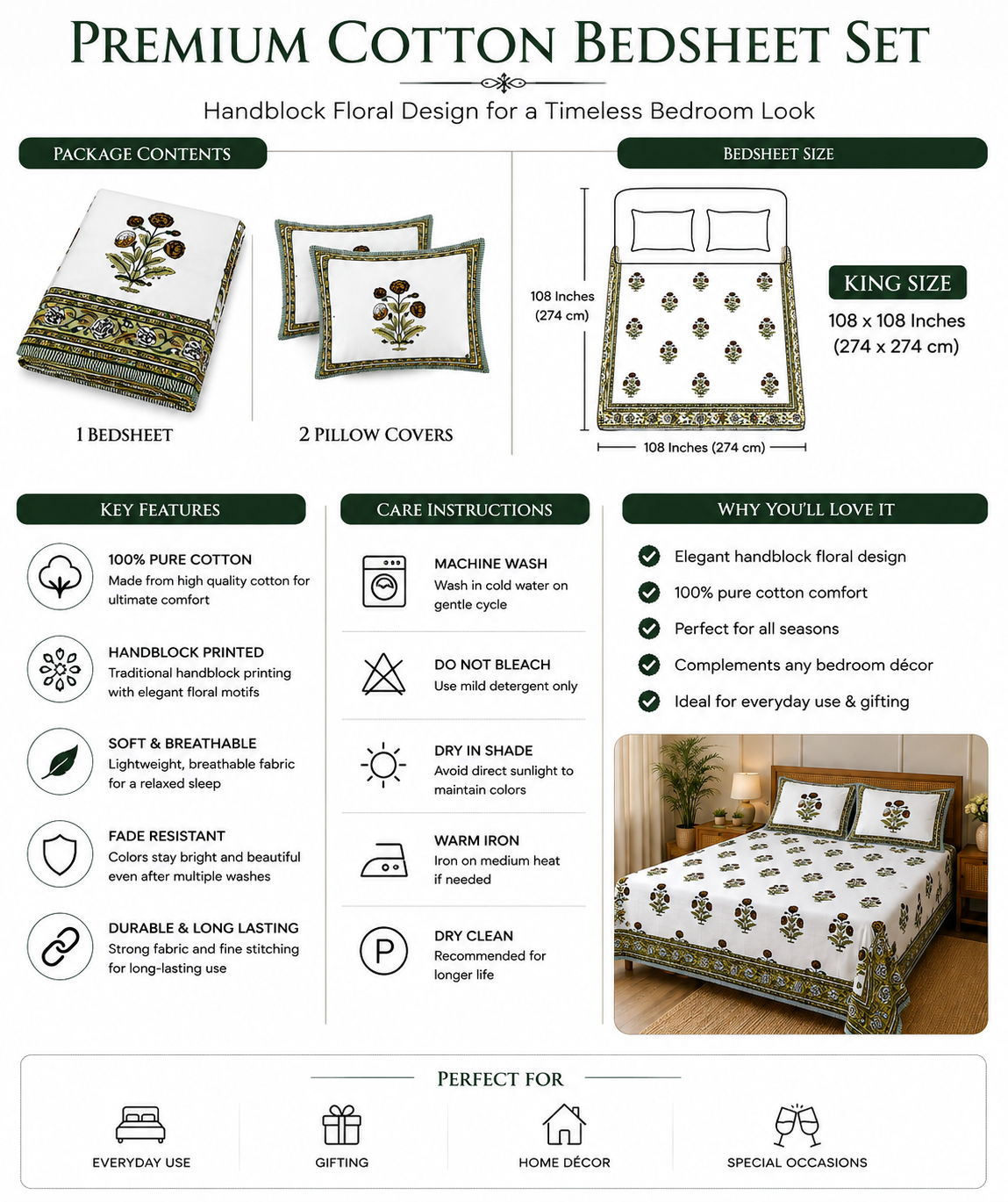 Paramphera Collection 280 TC Pure Cotton King Size Bedsheet with 2 Pillow Covers |  Printed Bedding | 103 x 108 Inches