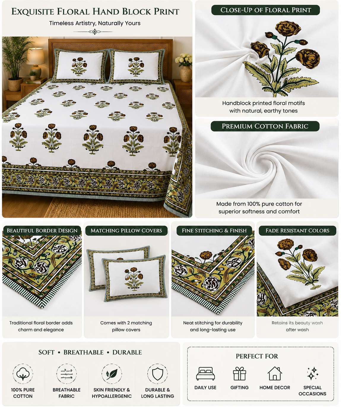 Paramphera Collection 280 TC Pure Cotton King Size Bedsheet with 2 Pillow Covers |  Printed Bedding | 103 x 108 Inches