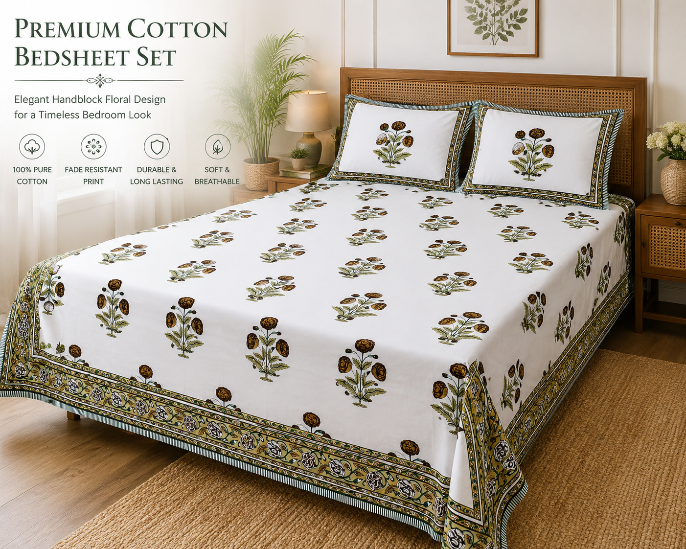 Paramphera Collection 280 TC Pure Cotton King Size Bedsheet with 2 Pillow Covers |  Printed Bedding | 103 x 108 Inches