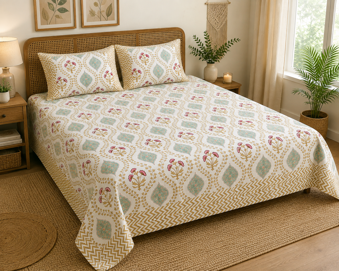 Paramphera Studio Yellow & Green Floral Cotton King Size Bedsheet with 2 Pillow Covers | 280 TC | 108 x 108 Inches