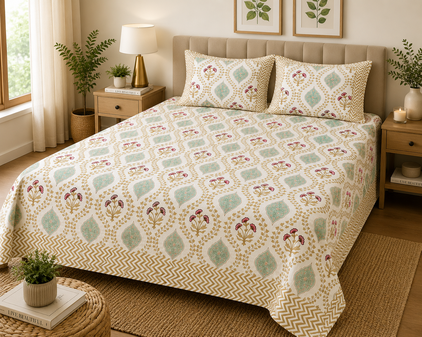 Paramphera Studio Yellow & Green Floral Cotton King Size Bedsheet with 2 Pillow Covers | 280 TC | 108 x 108 Inches