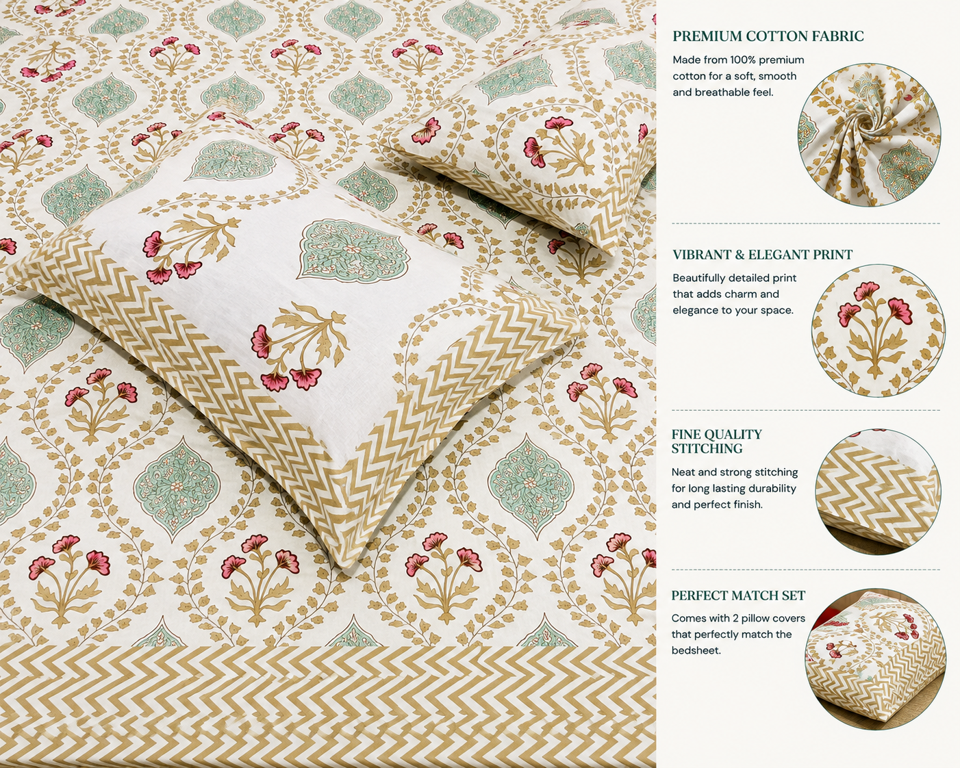 Paramphera Studio Yellow & Green Floral Cotton King Size Bedsheet with 2 Pillow Covers | 280 TC | 108 x 108 Inches