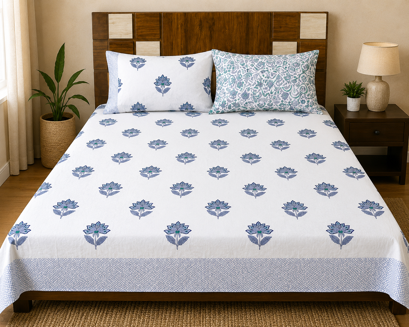 Paramphera Collection Premium 100% Cotton King Size Bedsheet with 2 Pillow Covers | White & Blue Floral Hand Block Print | Soft, Breathable & Skin-Friendly | 108 x 108 Inches