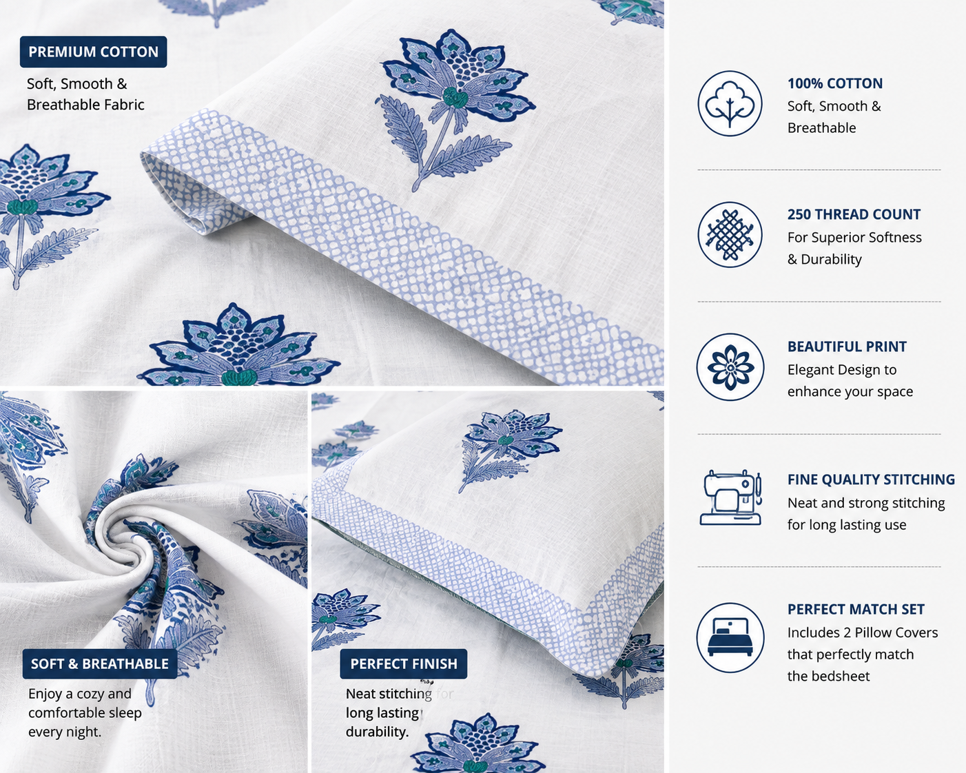 Paramphera Collection Premium 100% Cotton King Size Bedsheet with 2 Pillow Covers | White & Blue Floral Hand Block Print | Soft, Breathable & Skin-Friendly | 108 x 108 Inches