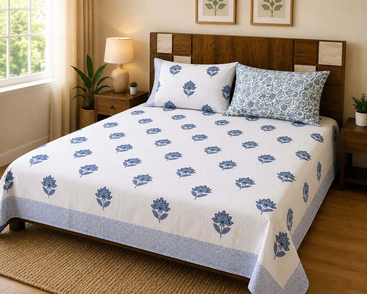 Paramphera Collection Premium 100% Cotton King Size Bedsheet with 2 Pillow Covers | White & Blue Floral Hand Block Print | Soft, Breathable & Skin-Friendly | 108 x 108 Inches