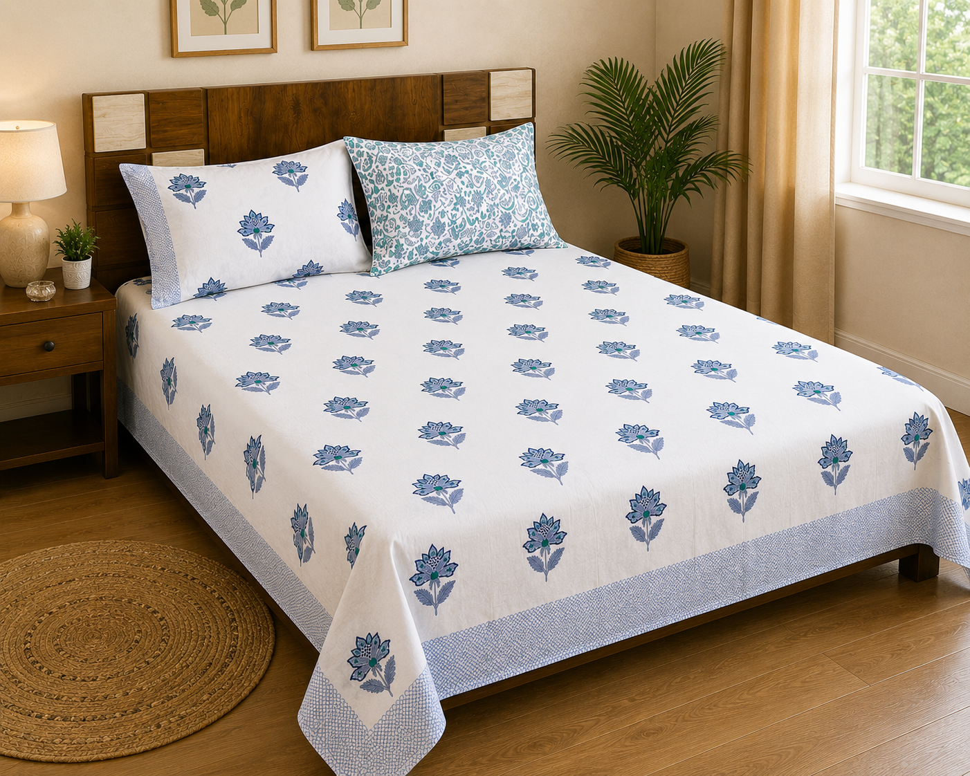 Paramphera Collection Premium 100% Cotton King Size Bedsheet with 2 Pillow Covers | White & Blue Floral Hand Block Print | Soft, Breathable & Skin-Friendly | 108 x 108 Inches