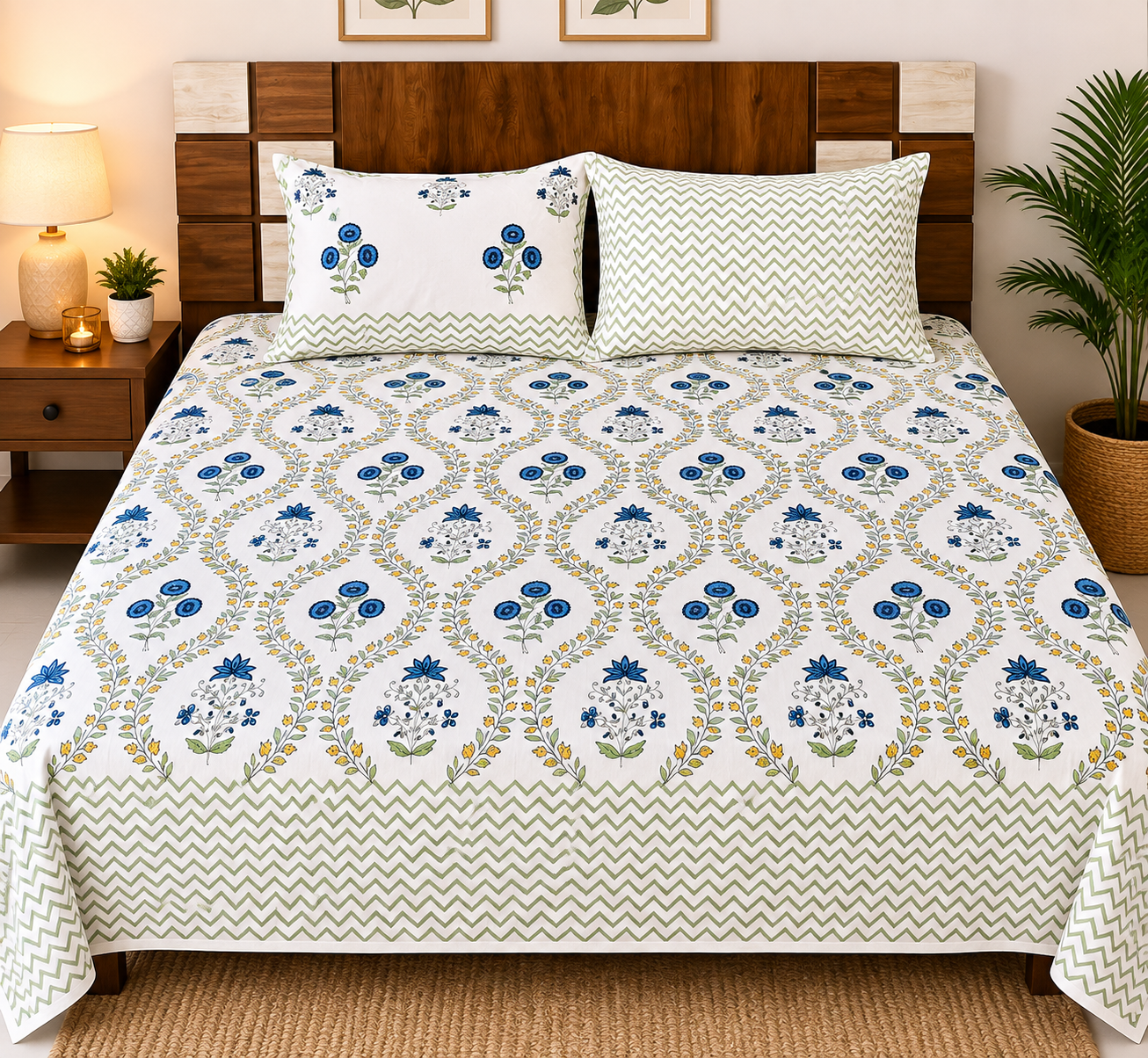 Paramphera Collection Premium 100% Cotton King Size Bedsheet with 2 Pillow Covers | Blue Floral & Olive Vine Print | Soft Breathable Cotton | 108 x 108 Inches