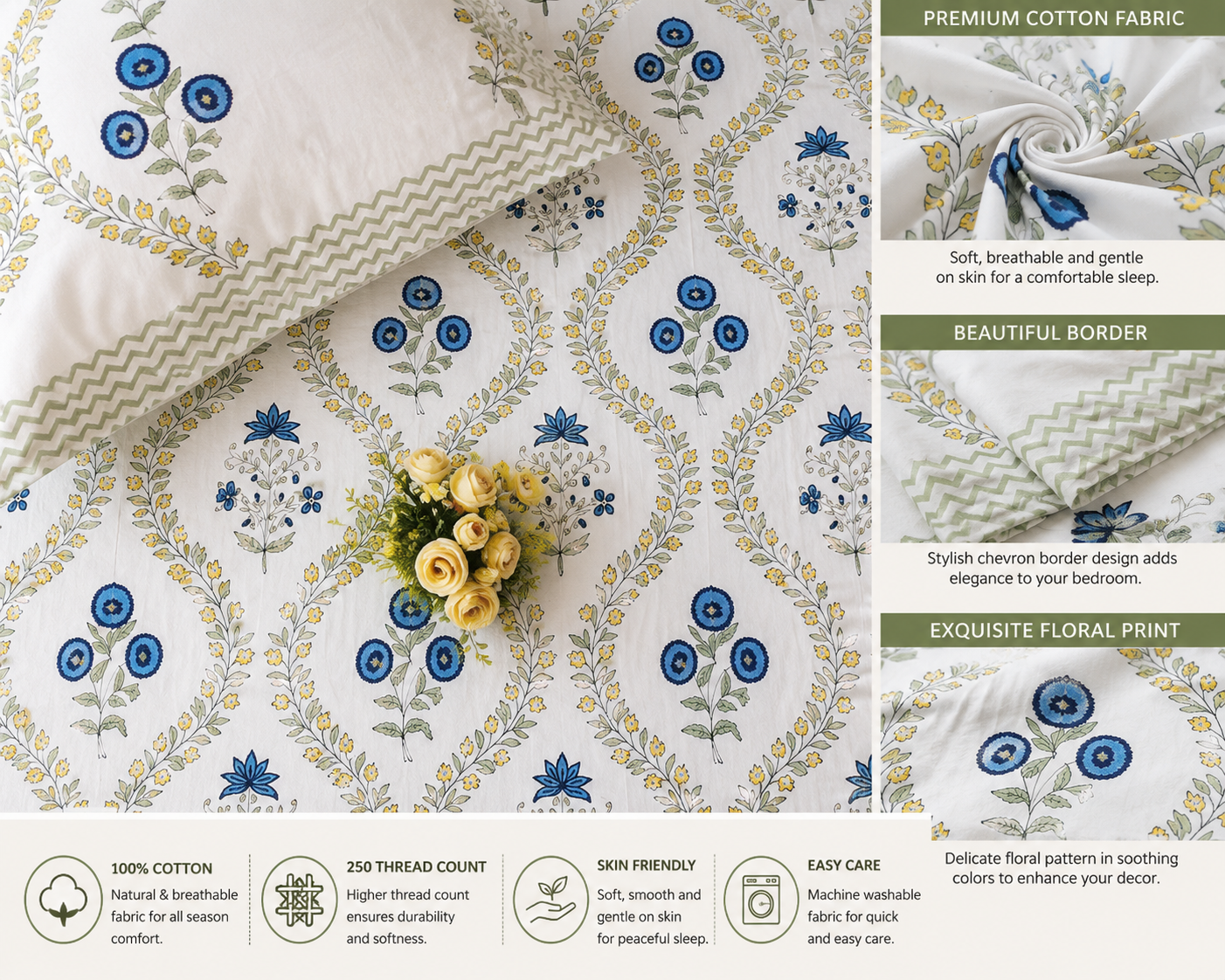 Paramphera Collection Premium 100% Cotton King Size Bedsheet with 2 Pillow Covers | Blue Floral & Olive Vine Print | Soft Breathable Cotton | 108 x 108 Inches
