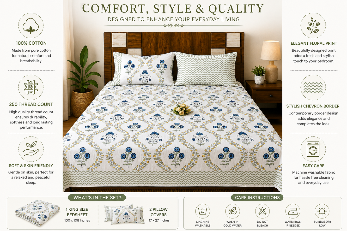 Paramphera Collection Premium 100% Cotton King Size Bedsheet with 2 Pillow Covers | Blue Floral & Olive Vine Print | Soft Breathable Cotton | 108 x 108 Inches