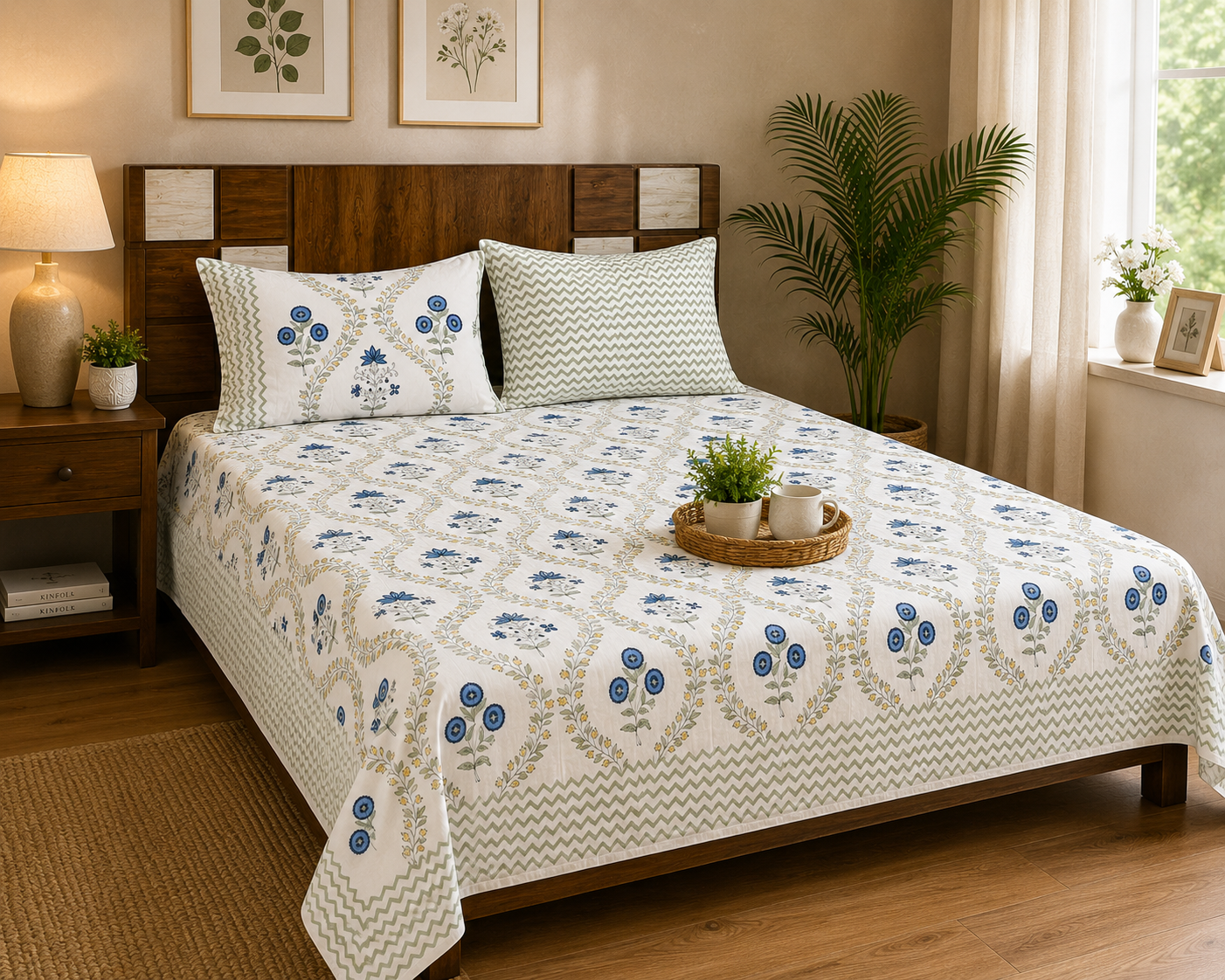 Paramphera Collection Premium 100% Cotton King Size Bedsheet with 2 Pillow Covers | Blue Floral & Olive Vine Print | Soft Breathable Cotton | 108 x 108 Inches