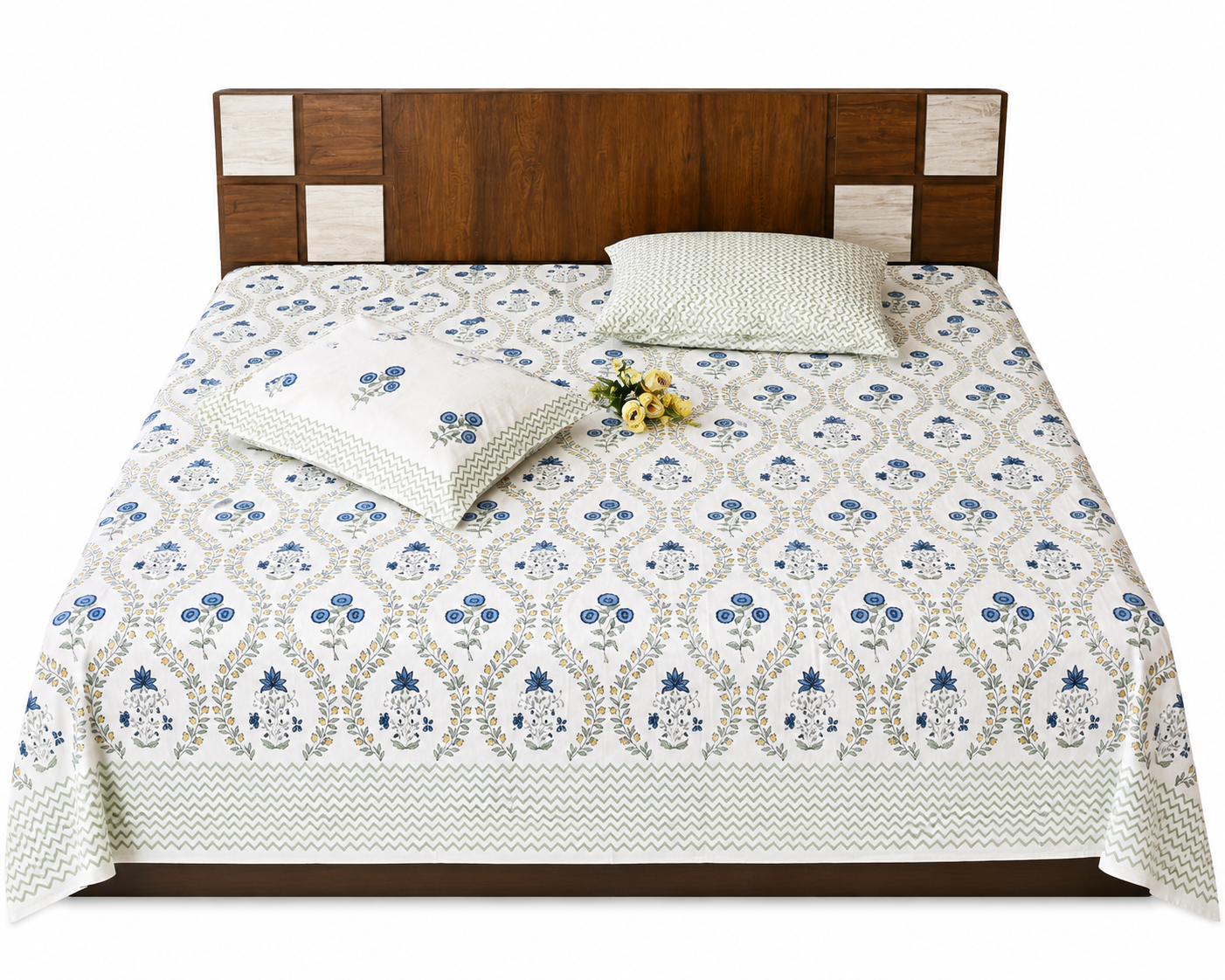 Paramphera Collection Premium 100% Cotton King Size Bedsheet with 2 Pillow Covers | Blue Floral & Olive Vine Print | Soft Breathable Cotton | 108 x 108 Inches