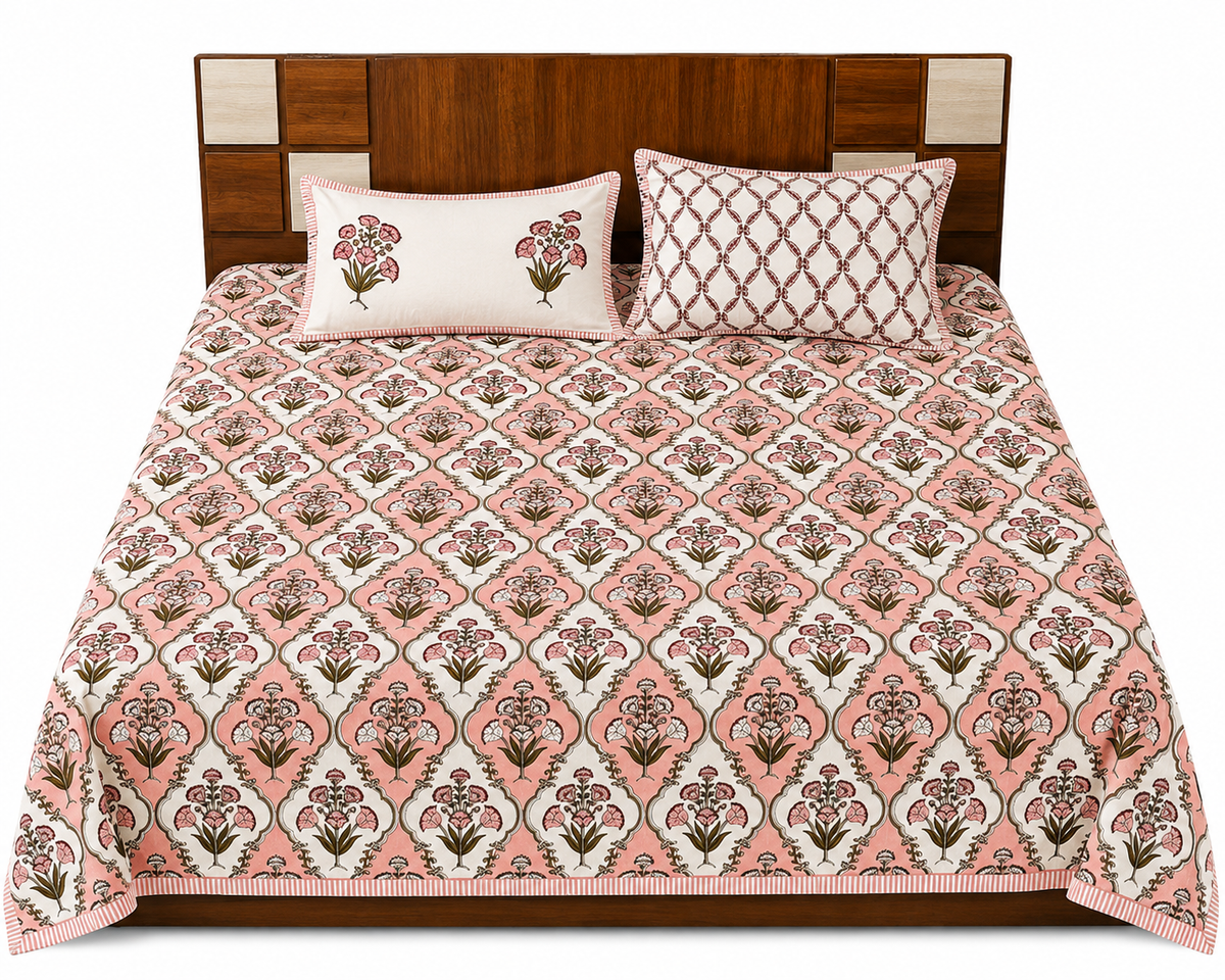 Paramphera Studio 280 TC Pure Cotton King Size Bedsheet with 2 Pillow Covers | White & Red Floral Block Print Cotton Bed Sheet | 103 x 108 Inches