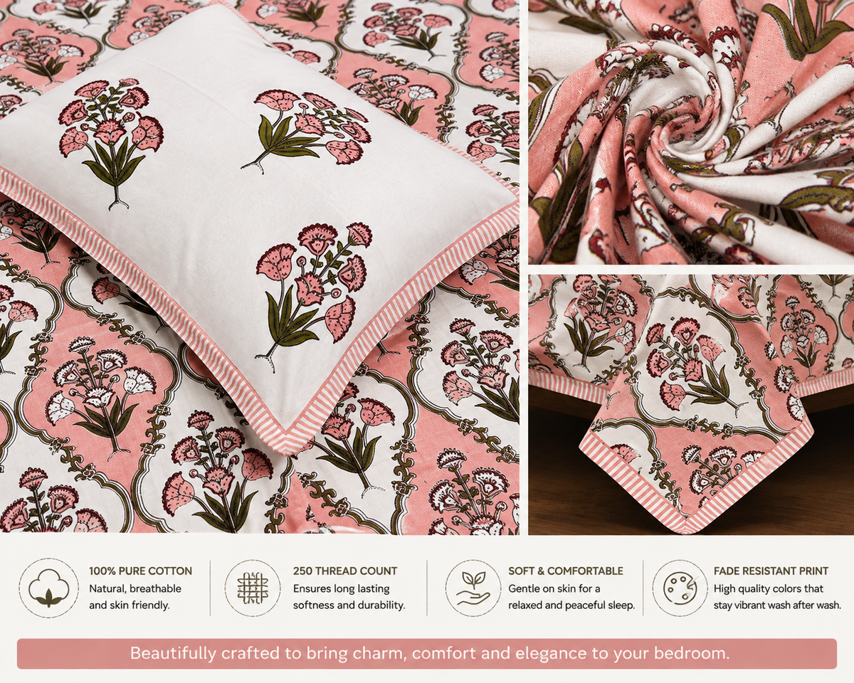 Paramphera Studio 280 TC Pure Cotton King Size Bedsheet with 2 Pillow Covers | White & Red Floral Block Print Cotton Bed Sheet | 103 x 108 Inches