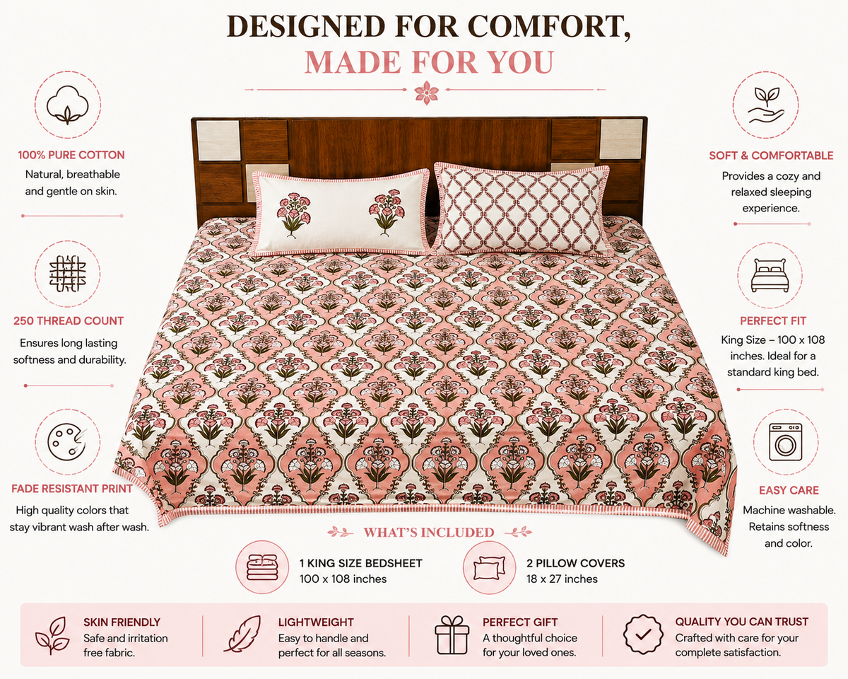 Paramphera Studio 280 TC Pure Cotton King Size Bedsheet with 2 Pillow Covers | White & Red Floral Block Print Cotton Bed Sheet | 103 x 108 Inches