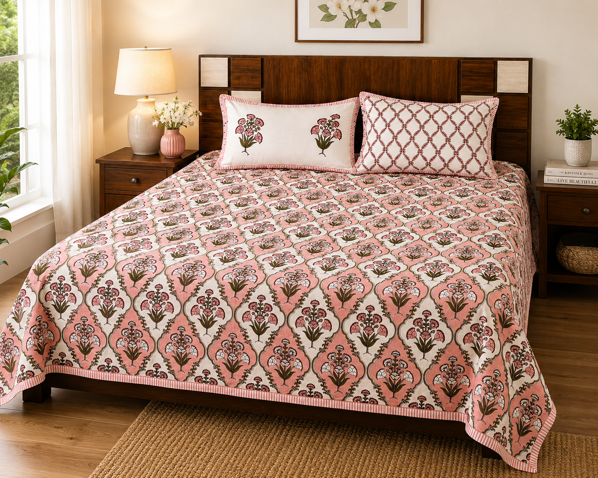 Paramphera Studio 280 TC Pure Cotton King Size Bedsheet with 2 Pillow Covers | White & Red Floral Block Print Cotton Bed Sheet | 103 x 108 Inches
