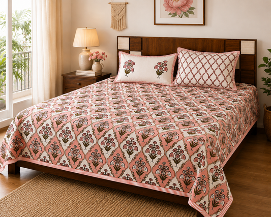 Paramphera Studio 280 TC Pure Cotton King Size Bedsheet with 2 Pillow Covers | White & Red Floral Block Print Cotton Bed Sheet | 103 x 108 Inches