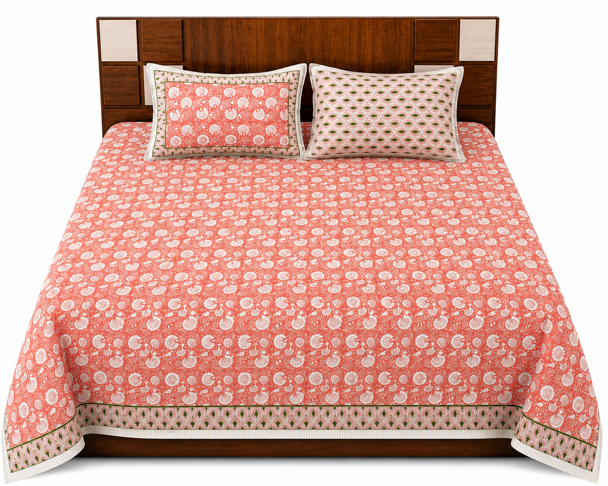 Paramphera Studio Pink Paisley Cotton King Size Bedsheet with 2 Pillow Covers | 280 TC | 100 x 108 Inches