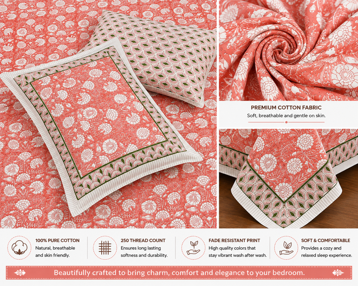 Paramphera Studio Pink Paisley Cotton King Size Bedsheet with 2 Pillow Covers | 280 TC | 100 x 108 Inches