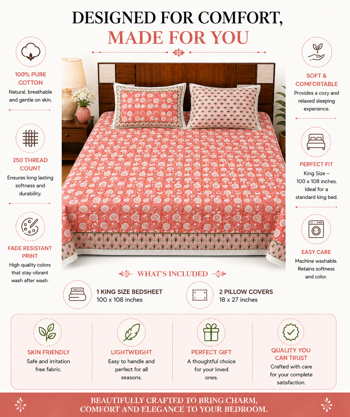 Paramphera Studio Pink Paisley Cotton King Size Bedsheet with 2 Pillow Covers | 280 TC | 100 x 108 Inches